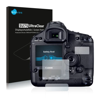 Face avant d’un emballage produit avec le logo de la marque Savvies. À côté, l’appareil Canon EOS 1D Mark IV est représenté av