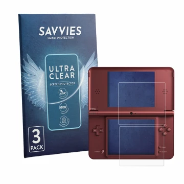 Face avant d’un emballage produit avec le logo de la marque Savvies. À côté, l’appareil Nintendo DSi XL est représenté avec la