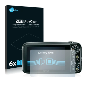 Face avant d’un emballage produit avec le logo de la marque Savvies. À côté, l’appareil Fujifilm FinePix Real 3D W3 est représ