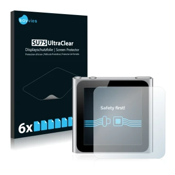 Face avant d’un emballage produit avec le logo de la marque Savvies. À côté, l’appareil Apple iPod nano 2010 (6. Gen.) est rep