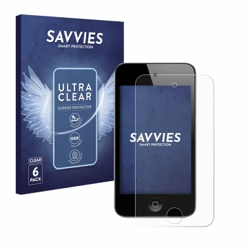 Face avant d’un emballage produit avec le logo de la marque Savvies. À côté, l’appareil Apple iPod Touch (4ème Gen.) est repré