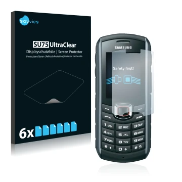 Face avant d’un emballage produit avec le logo de la marque Savvies. À côté, l’appareil Samsung B2710 est représenté avec la p