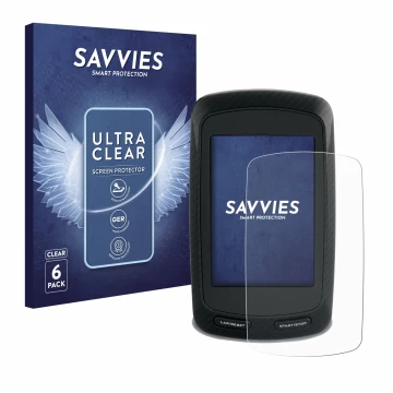 Face avant d’un emballage produit avec le logo de la marque Savvies. À côté, l’appareil Garmin Edge 800 est représenté avec la