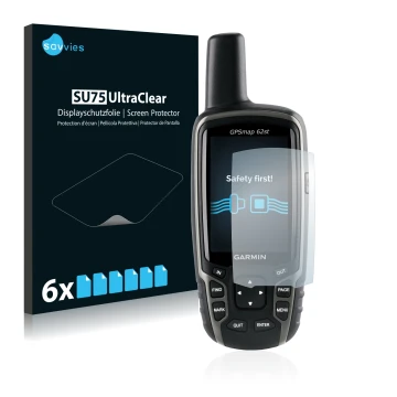 Face avant d’un emballage produit avec le logo de la marque Savvies. À côté, l’appareil Garmin GPSMAP 62st est représenté avec