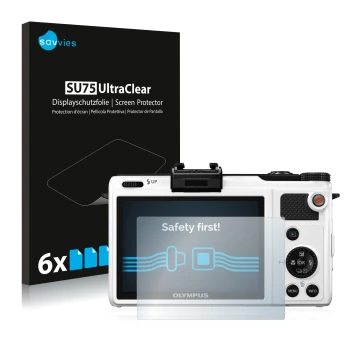 Face avant d’un emballage produit avec le logo de la marque Savvies. À côté, l’appareil Olympus XZ-1 est représenté avec la pr