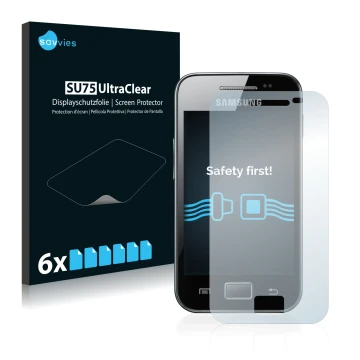 Face avant d’un emballage produit avec le logo de la marque Savvies. À côté, l’appareil Samsung Galaxy Ace S5830 est représent