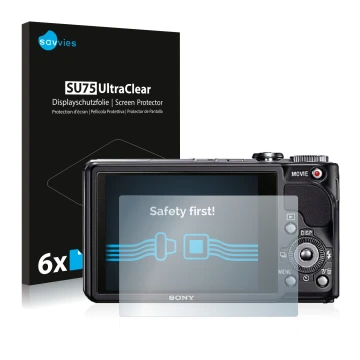 Face avant d’un emballage produit avec le logo de la marque Savvies. À côté, l’appareil Sony Cyber-Shot DSC-HX9V est représent