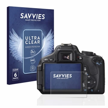 Face avant d’un emballage produit avec le logo de la marque Savvies. À côté, l’appareil Canon EOS 600D est représenté avec la 