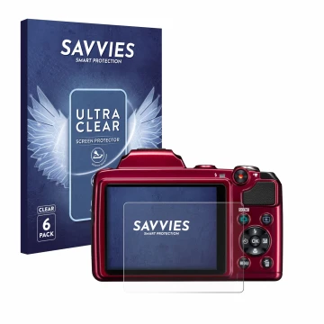 Face avant d’un emballage produit avec le logo de la marque Savvies. À côté, l’appareil Nikon Coolpix L120 est représenté avec