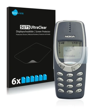 Face avant d’un emballage produit avec le logo de la marque Savvies. À côté, l’appareil Nokia 3310 2011 est représenté avec la