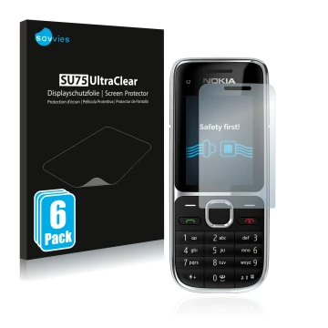 Face avant d’un emballage produit avec le logo de la marque Savvies. À côté, l’appareil Nokia C2-01 est représenté avec la pro