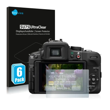 Face avant d’un emballage produit avec le logo de la marque Savvies. À côté, l’appareil Panasonic Lumix DMC-G3 est représenté 