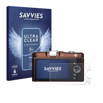 Face avant d’un emballage produit avec le logo de la marque Savvies. À côté, l’appareil Olympus PEN E-PM1 est représenté avec 