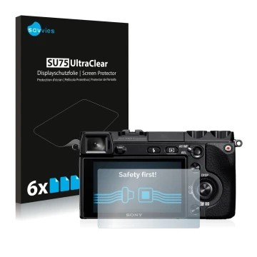 Face avant d’un emballage produit avec le logo de la marque Savvies. À côté, l’appareil Sony Alpha NEX-7 est représenté avec l