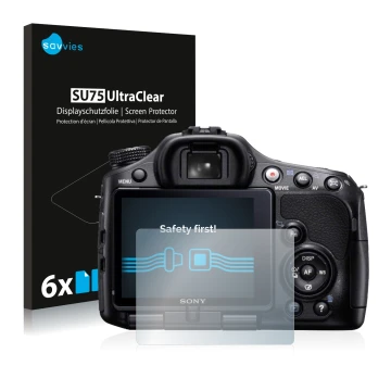 Face avant d’un emballage produit avec le logo de la marque Savvies. À côté, l’appareil Sony Alpha 65V (SLT-A65V) est représen