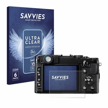 Face avant d’un emballage produit avec le logo de la marque Savvies. À côté, l’appareil Fujifilm FinePix X10 est représenté av