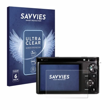 Face avant d’un emballage produit avec le logo de la marque Savvies. À côté, l’appareil Nikon 1 J1 est représenté avec la prot