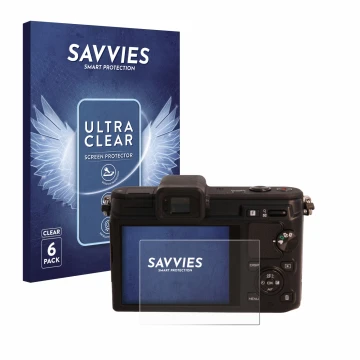 Face avant d’un emballage produit avec le logo de la marque Savvies. À côté, l’appareil Nikon 1 V1 est représenté avec la prot