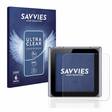 Face avant d’un emballage produit avec le logo de la marque Savvies. À côté, l’appareil Apple iPod nano 2011 (6ème Gen.) est r