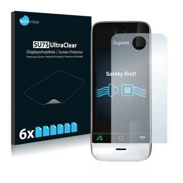 Face avant d’un emballage produit avec le logo de la marque Savvies. À côté, l’appareil Gigaset SL910 (découpe circulaire) est