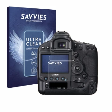 Face avant d’un emballage produit avec le logo de la marque Savvies. À côté, l’appareil Canon EOS 1D X est représenté avec la 