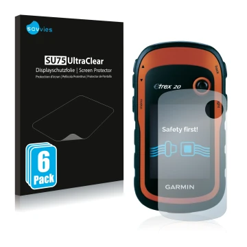 Face avant d’un emballage produit avec le logo de la marque Savvies. À côté, l’appareil Garmin eTrex 20 est représenté avec la