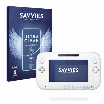Face avant d’un emballage produit avec le logo de la marque Savvies. À côté, l’appareil Nintendo Wii U GamePad (Controller) es
