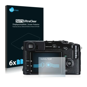 Face avant d’un emballage produit avec le logo de la marque Savvies. À côté, l’appareil Fujifilm X-Pro1 est représenté avec la