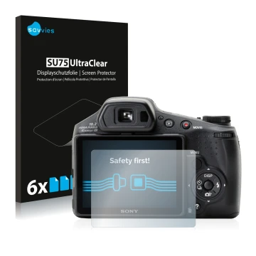 Face avant d’un emballage produit avec le logo de la marque Savvies. À côté, l’appareil Sony Cyber-Shot DSC-HX200V est représe