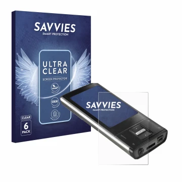 Face avant d’un emballage produit avec le logo de la marque Savvies. À côté, l’appareil Intenso Video Shooter 2,4