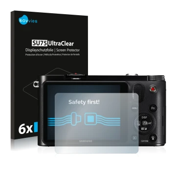 Face avant d’un emballage produit avec le logo de la marque Savvies. À côté, l’appareil Samsung NX1000 est représenté avec la 