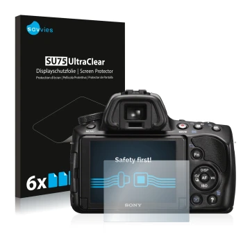 Face avant d’un emballage produit avec le logo de la marque Savvies. À côté, l’appareil Sony Alpha 37 (SLT-A37) est représenté