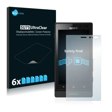 Face avant d’un emballage produit avec le logo de la marque Savvies. À côté, l’appareil Sony Xperia Sola MT27i est représenté 