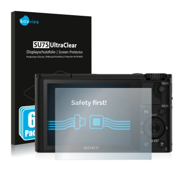 Face avant d’un emballage produit avec le logo de la marque Savvies. À côté, l’appareil Sony Cyber-Shot DSC-RX100 est représen