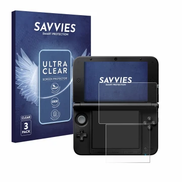 Face avant d’un emballage produit avec le logo de la marque Savvies. À côté, l’appareil Nintendo 3DS XL SPM7800 est représenté