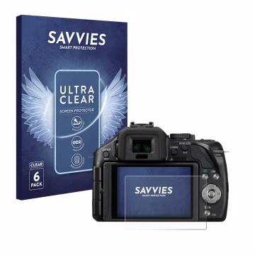 Face avant d’un emballage produit avec le logo de la marque Savvies. À côté, l’appareil Panasonic Lumix DMC-G5 est représenté 