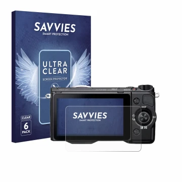 Face avant d’un emballage produit avec le logo de la marque Savvies. À côté, l’appareil Sony Alpha NEX-5R est représenté avec 