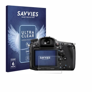 Face avant d’un emballage produit avec le logo de la marque Savvies. À côté, l’appareil Sony Alpha 99 est représenté avec la p