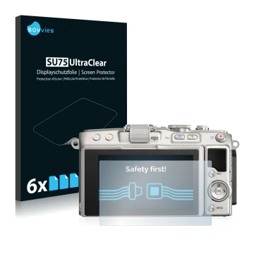 Face avant d’un emballage produit avec le logo de la marque Savvies. À côté, l’appareil Olympus PEN Lite E-PL5 est représenté 