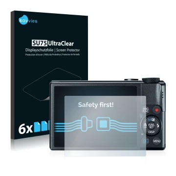 Face avant d’un emballage produit avec le logo de la marque Savvies. À côté, l’appareil Canon PowerShot S110 est représenté av