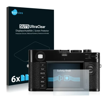 Face avant d’un emballage produit avec le logo de la marque Savvies. À côté, l’appareil Leica M (Typ 240) est représenté avec 