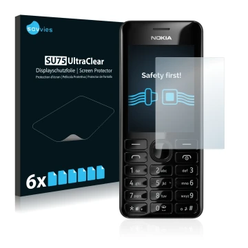 Face avant d’un emballage produit avec le logo de la marque Savvies. À côté, l’appareil Nokia 206 Dual SIM est représenté avec