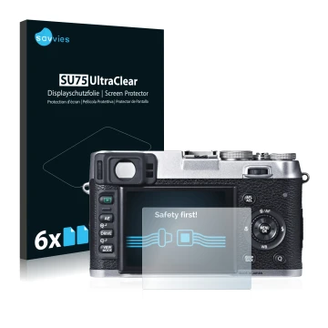 Face avant d’un emballage produit avec le logo de la marque Savvies. À côté, l’appareil Fujifilm X100S est représenté avec la 