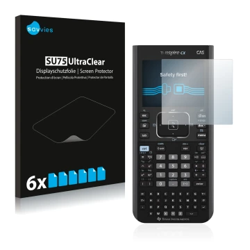 Face avant d’un emballage produit avec le logo de la marque Savvies. À côté, l’appareil Texas Instruments Nspire CX CAS est re