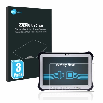 Face avant d’un emballage produit avec le logo de la marque Savvies. À côté, l’appareil Panasonic Toughpad FZ-G1 est représent