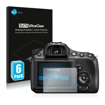 Face avant d’un emballage produit avec le logo de la marque Savvies. À côté, l’appareil Sony Alpha 58 (SLT-A58) est représenté