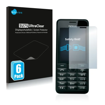 Face avant d’un emballage produit avec le logo de la marque Savvies. À côté, l’appareil Nokia 301 est représenté avec la prote