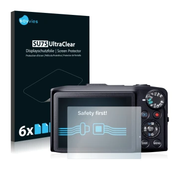 Face avant d’un emballage produit avec le logo de la marque Savvies. À côté, l’appareil Canon PowerShot SX280 HS est représent