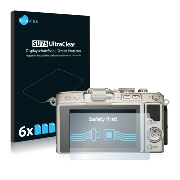 Face avant d’un emballage produit avec le logo de la marque Savvies. À côté, l’appareil Olympus PEN E-PL6 est représenté avec 