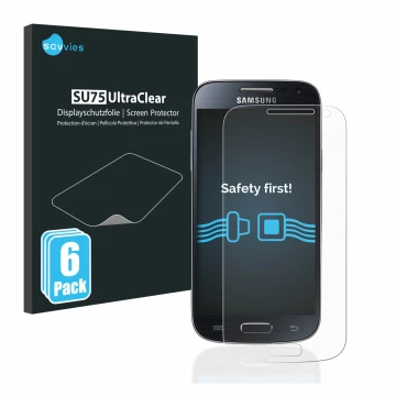 Face avant d’un emballage produit avec le logo de la marque Savvies. À côté, l’appareil Samsung Galaxy S4 Mini est représenté 
